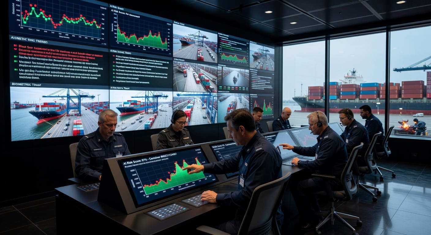 Een moderne douanecontrolekamer waar data en AI helpen bij het monitoren van vracht.