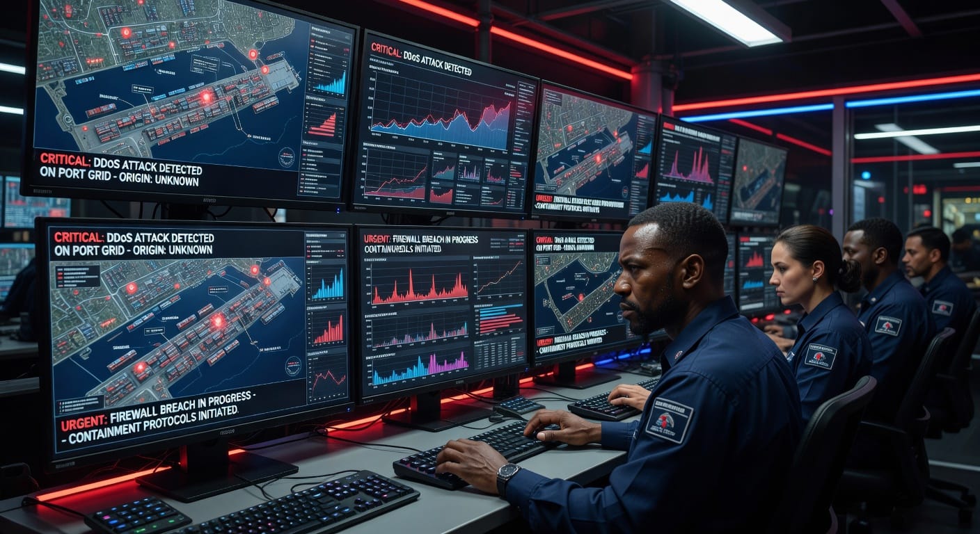 Een cybersecurity-controlekamer in een havenfaciliteit, waar experts waakzaam zijn voor digitale dreigingen.