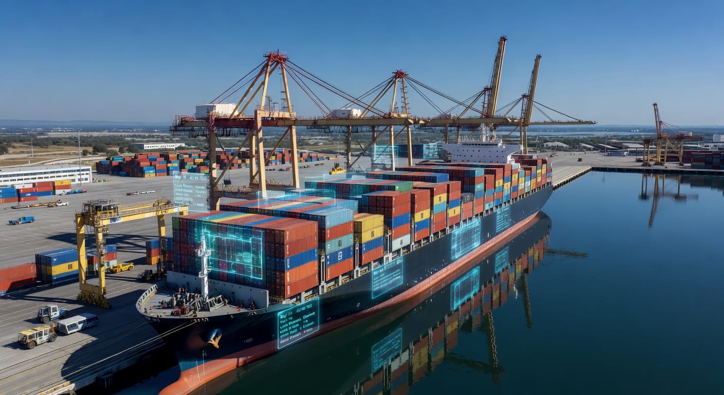 Een luchtfoto van een containerschip dat wordt geladen, met digitale stuwplannen die de efficiëntie verhogen.