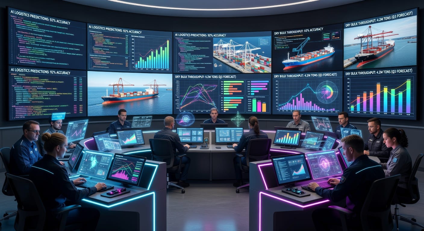 Een futuristische controlekamer in een haven, waar data en AI worden ingezet voor efficiënte logistiek van droge bulk.