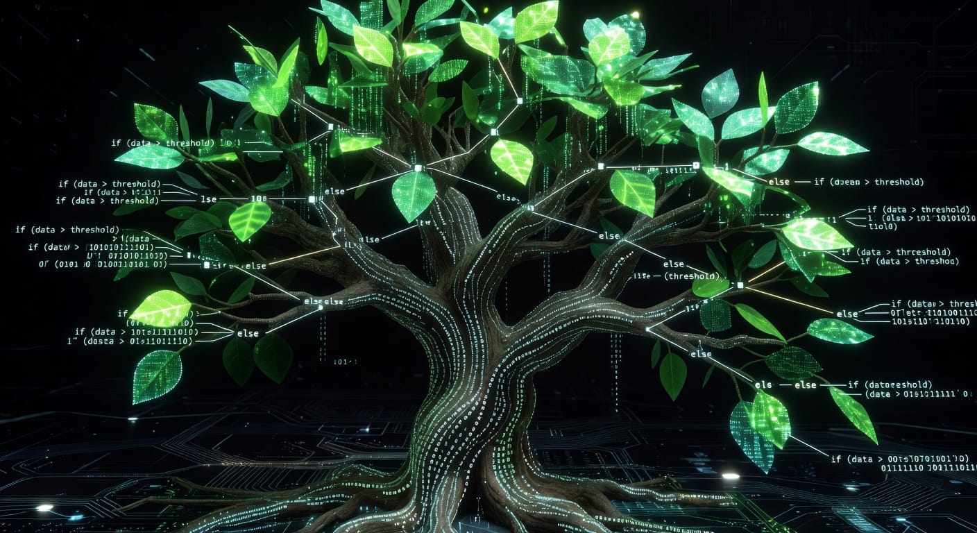 Een visuele weergave van een beslisboom-algoritme, geïnspireerd door de natuur en data.