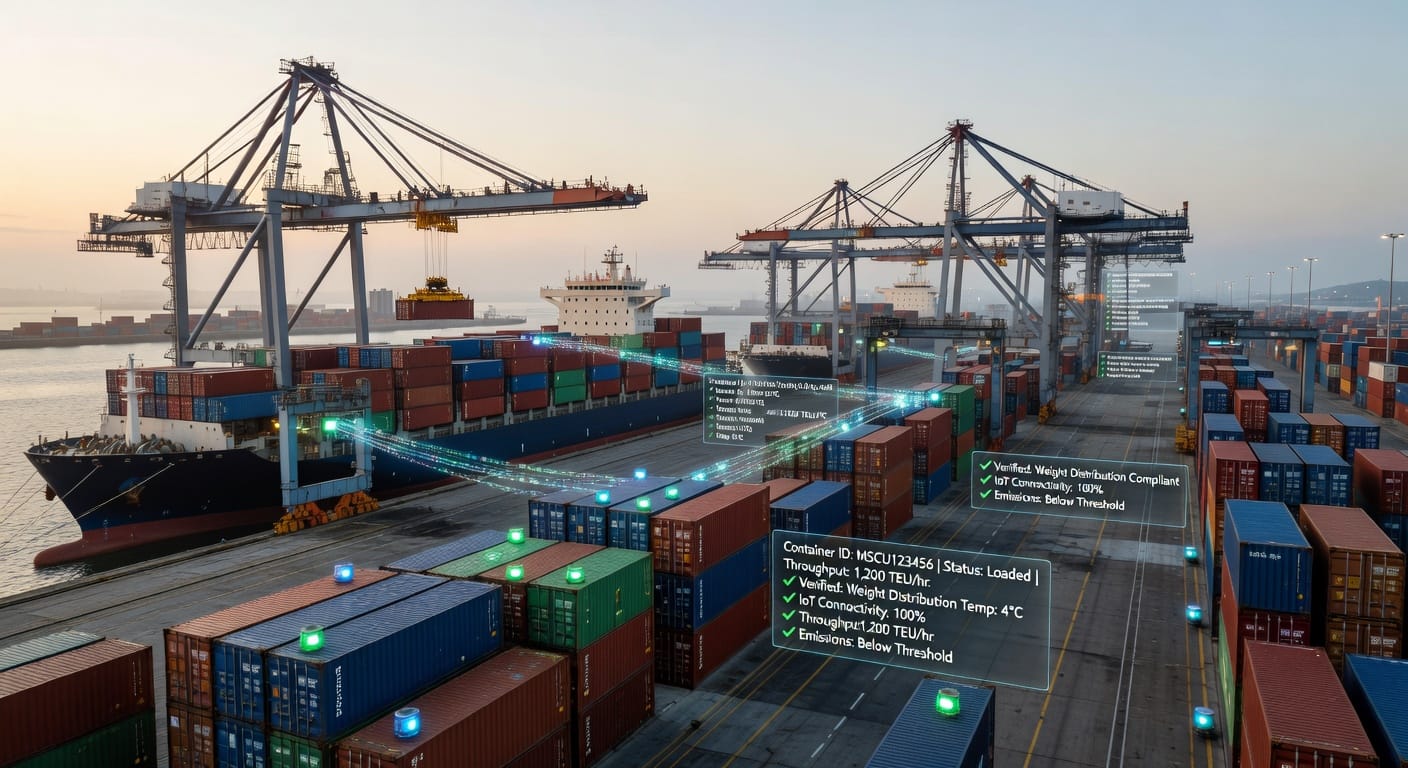 Een moderne containerterminal met geautomatiseerde kranen en slimme technologie voor compliance.