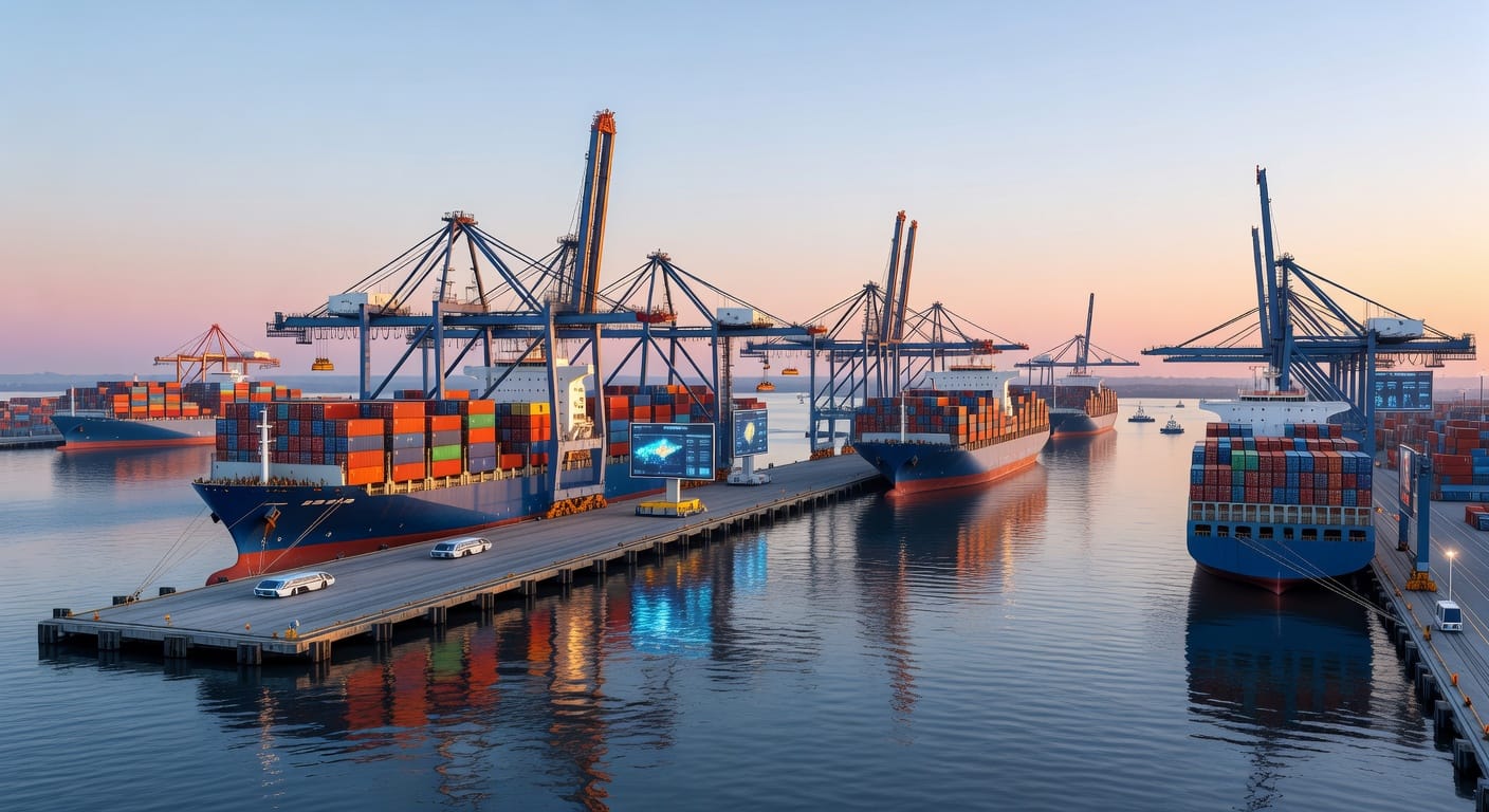 Een moderne haven bij zonsopgang, waar AI en technologie de operaties optimaliseren.