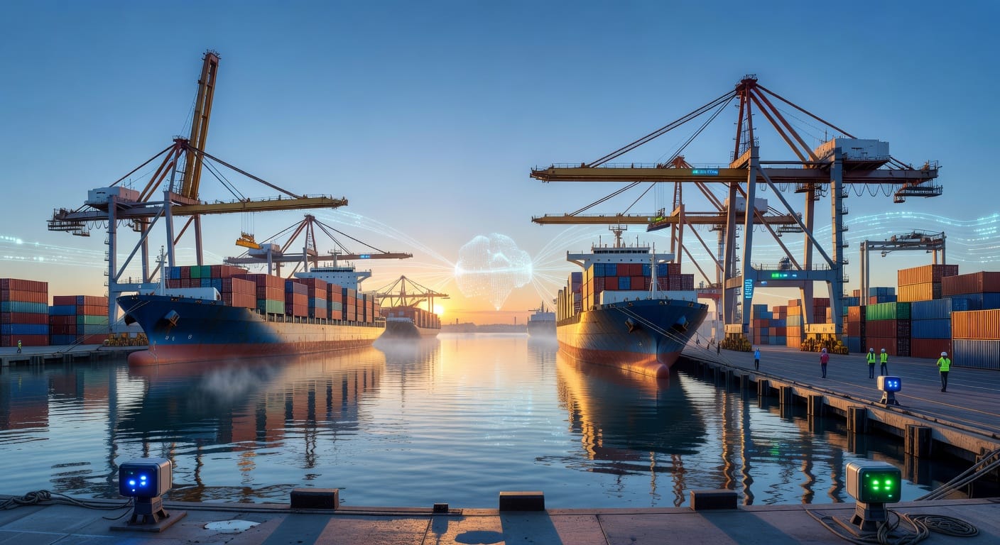 Een moderne haven bij zonsopgang, uitgerust met IoT-technologie voor efficiënte logistiek en naleving.