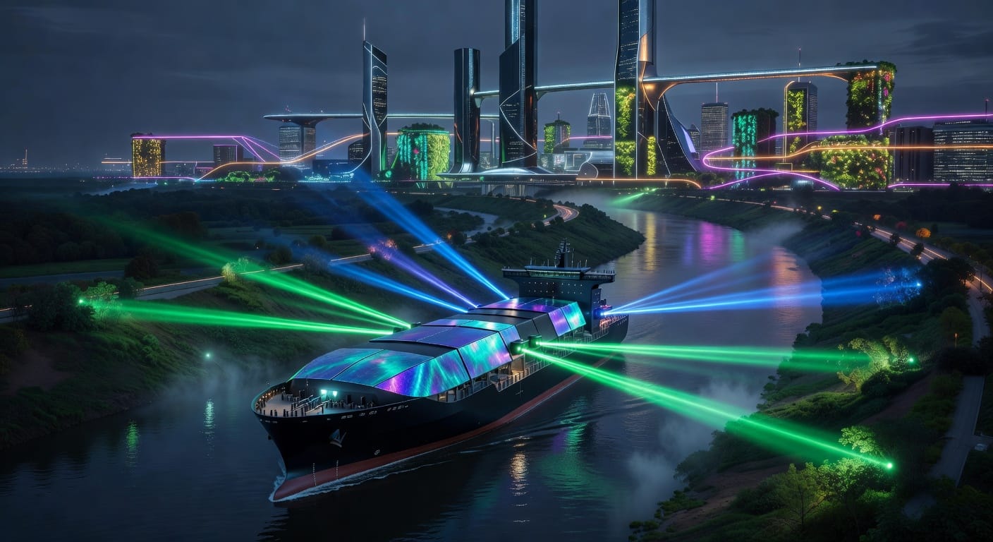 Een semi-autonoom containerschip navigeert zelfstandig door een smal rivierkanaal.