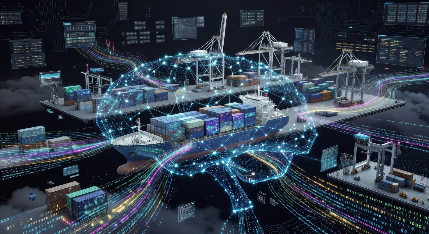 Een artistieke weergave van AI en data die de havenlogistiek verbinden en transformeren naar een slimme toekomst.