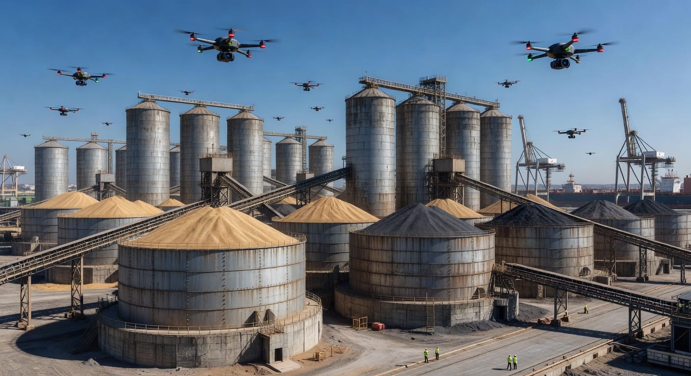 Een indrukwekkende opslagfaciliteit voor droge bulk, met drones die de veiligheid en kwaliteit bewaken.