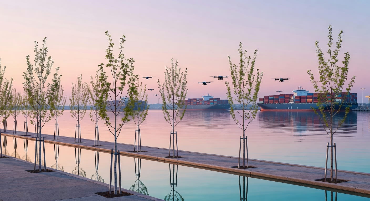 Nieuw aangeplante bomen langs de kust van een haven, symbool voor duurzaamheid en technologie.