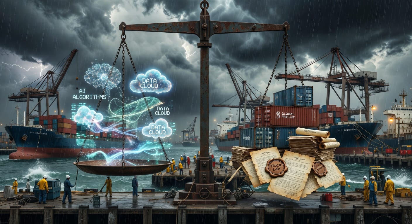 De balans tussen technologie en regelgeving in de havenlogistiek, visueel uitgebeeld.