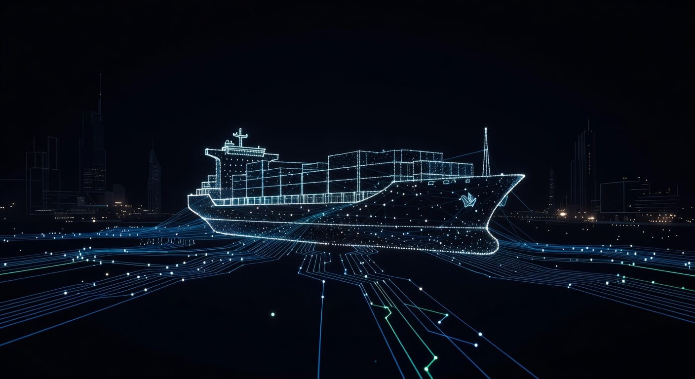 Een abstracte weergave van data- en AI-netwerken die de havenlogistiek transformeren.